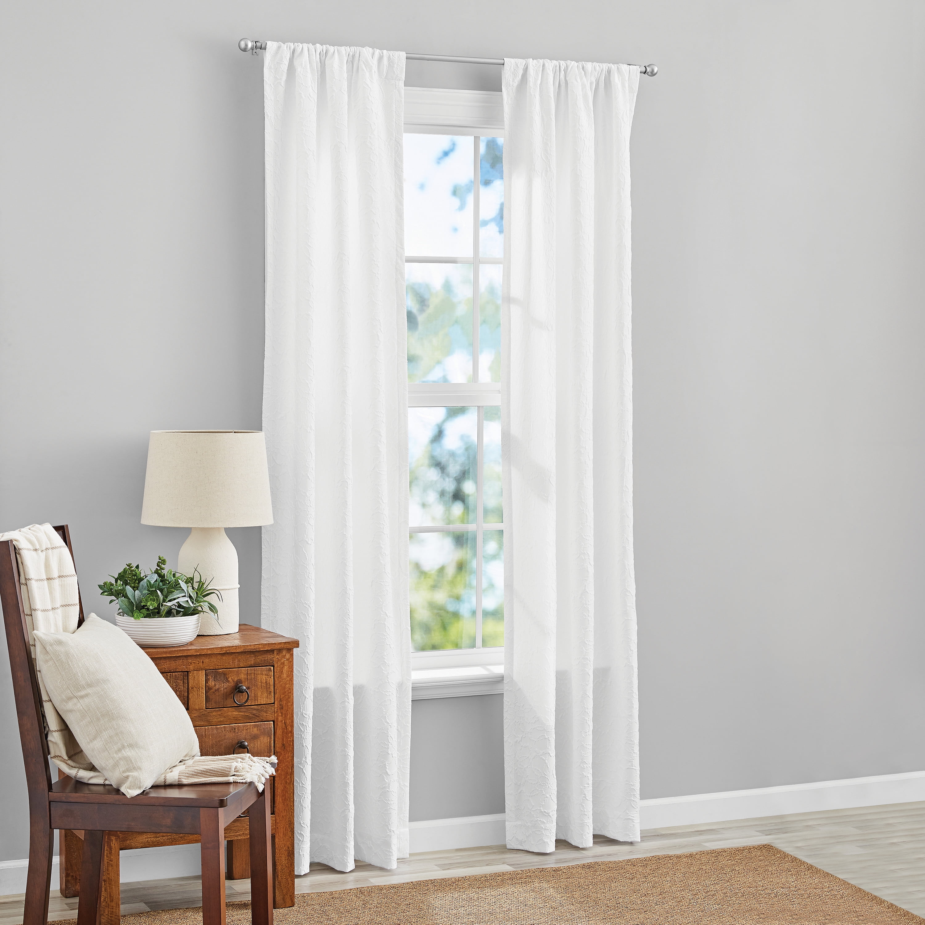 Mainstays Microsculpt Floral Rod Pocket Curtain Panels, Set of 2, White, 37" W x 84" L
