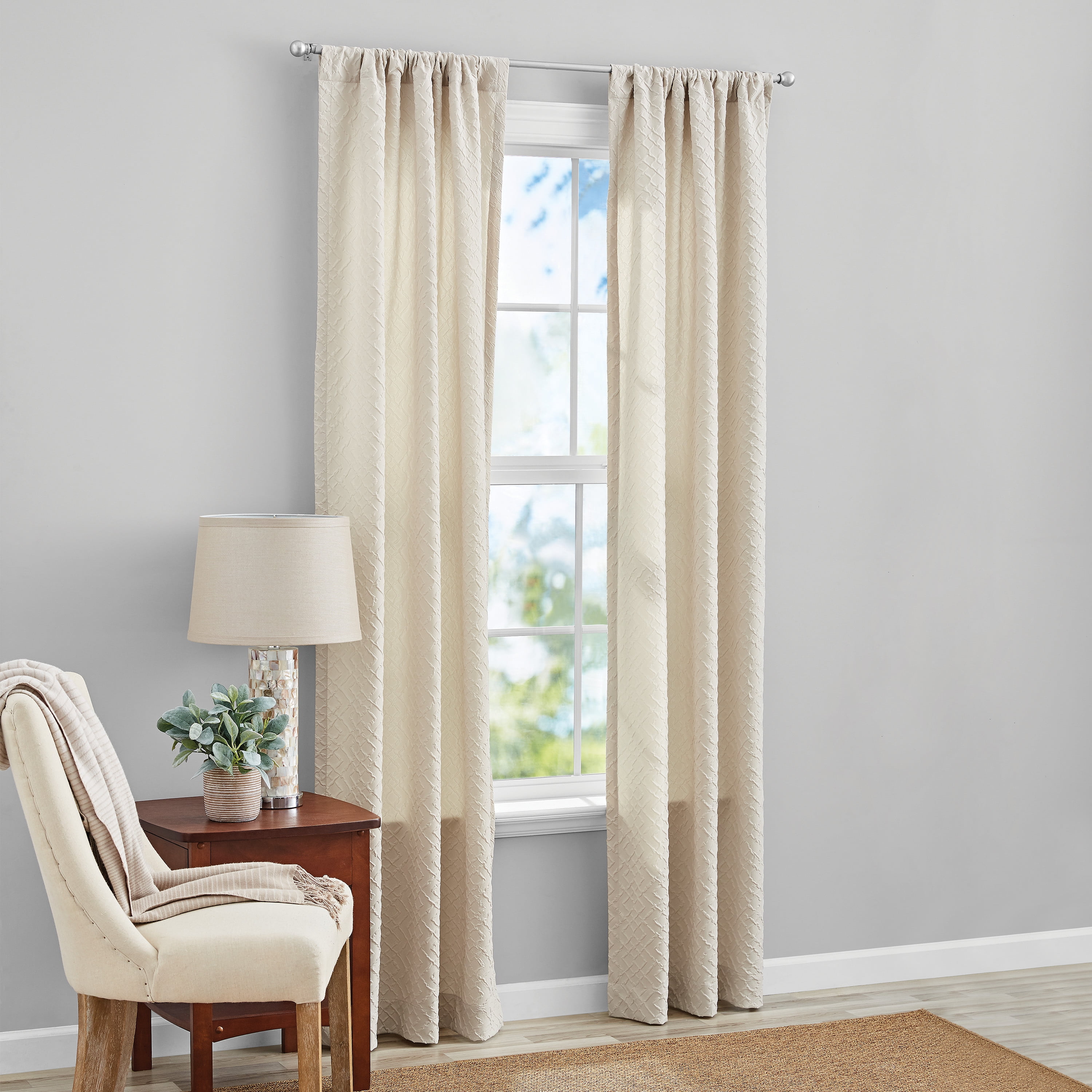 Mainstays Microsculpt Geo Zig Zag Rod Pocket Curtain Pair, Set of 2, Beige, 37" W x 63"L