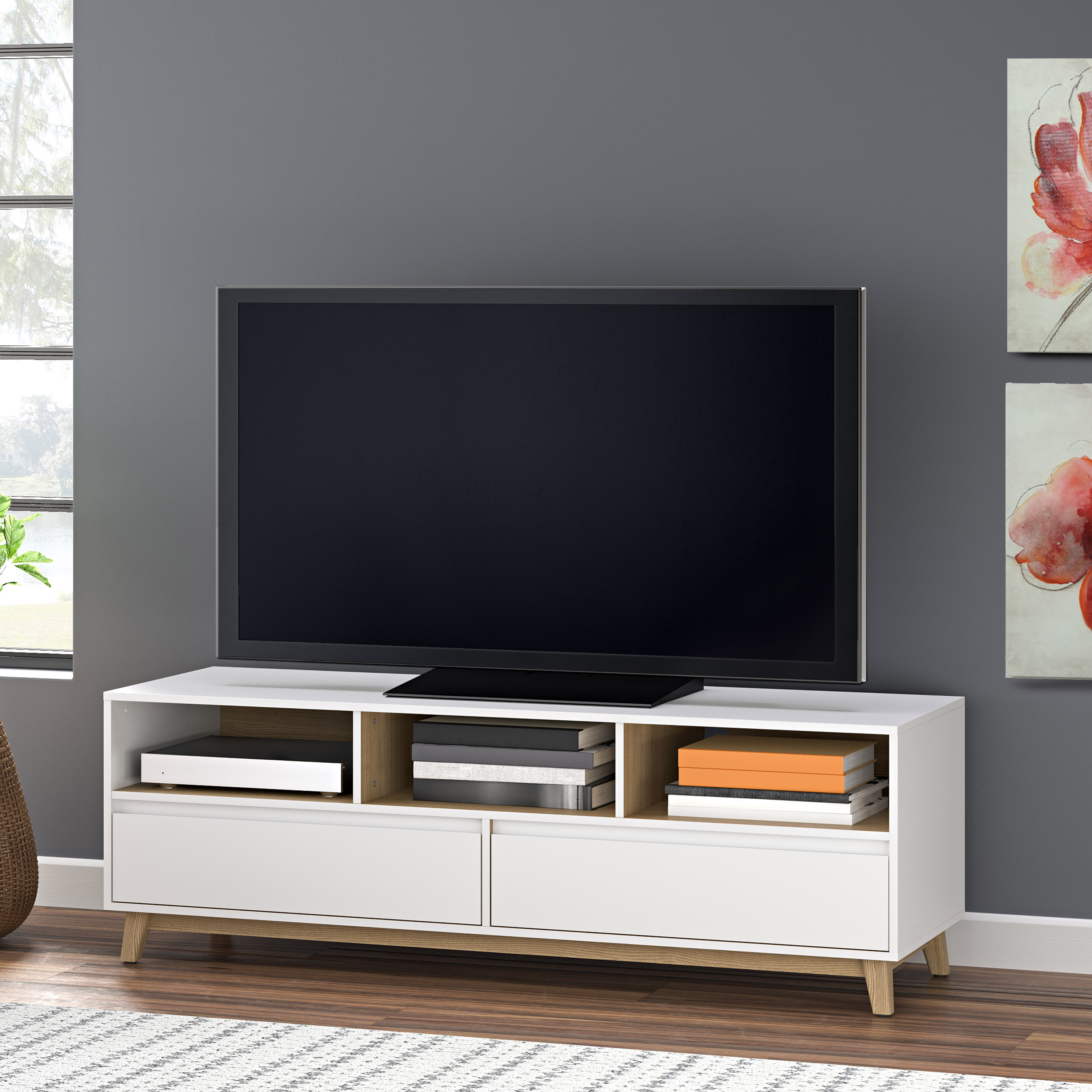 Mainstays Mid-Century TV Stand for TVs up to 70", White Finish - image 1 of 8