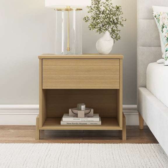 Open Box Mainstays Modern 1 Drawer Nightstand, Natural Teak