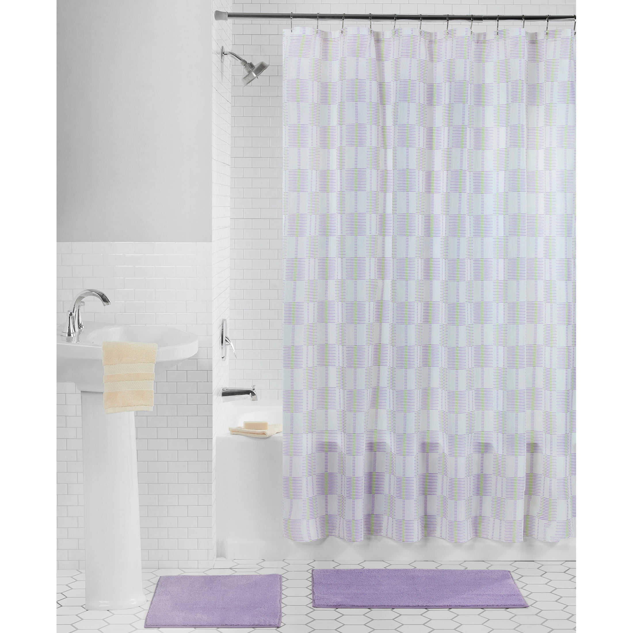 Mainstays Modern Geo 15PC Shower Curtain & Rug Bath Set, 70 x 72, Vanilla Dream