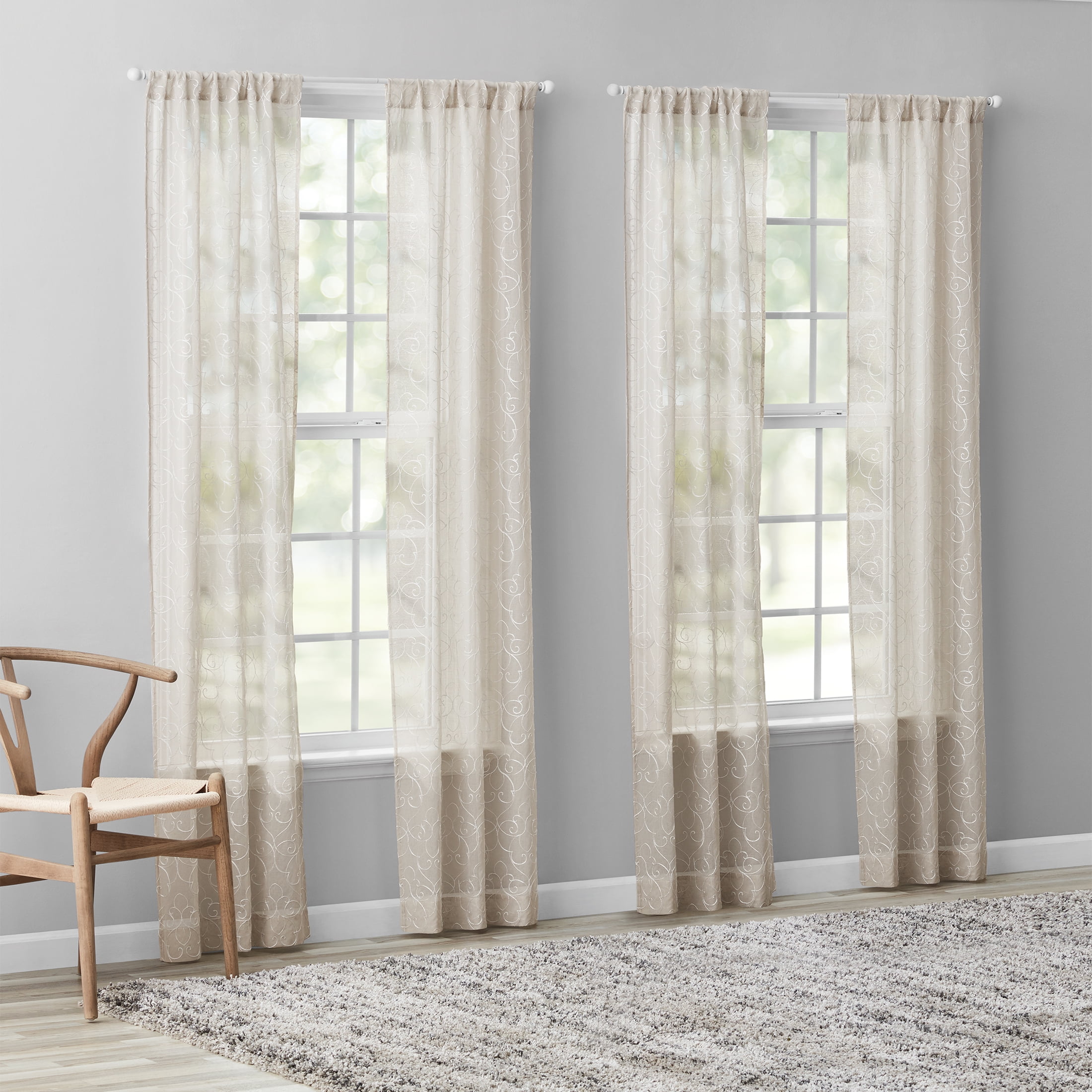 Mainstays Modern Scroll Rod Pocket Sheer Curtains, Set of 4, Beige, 28" W x 95" L