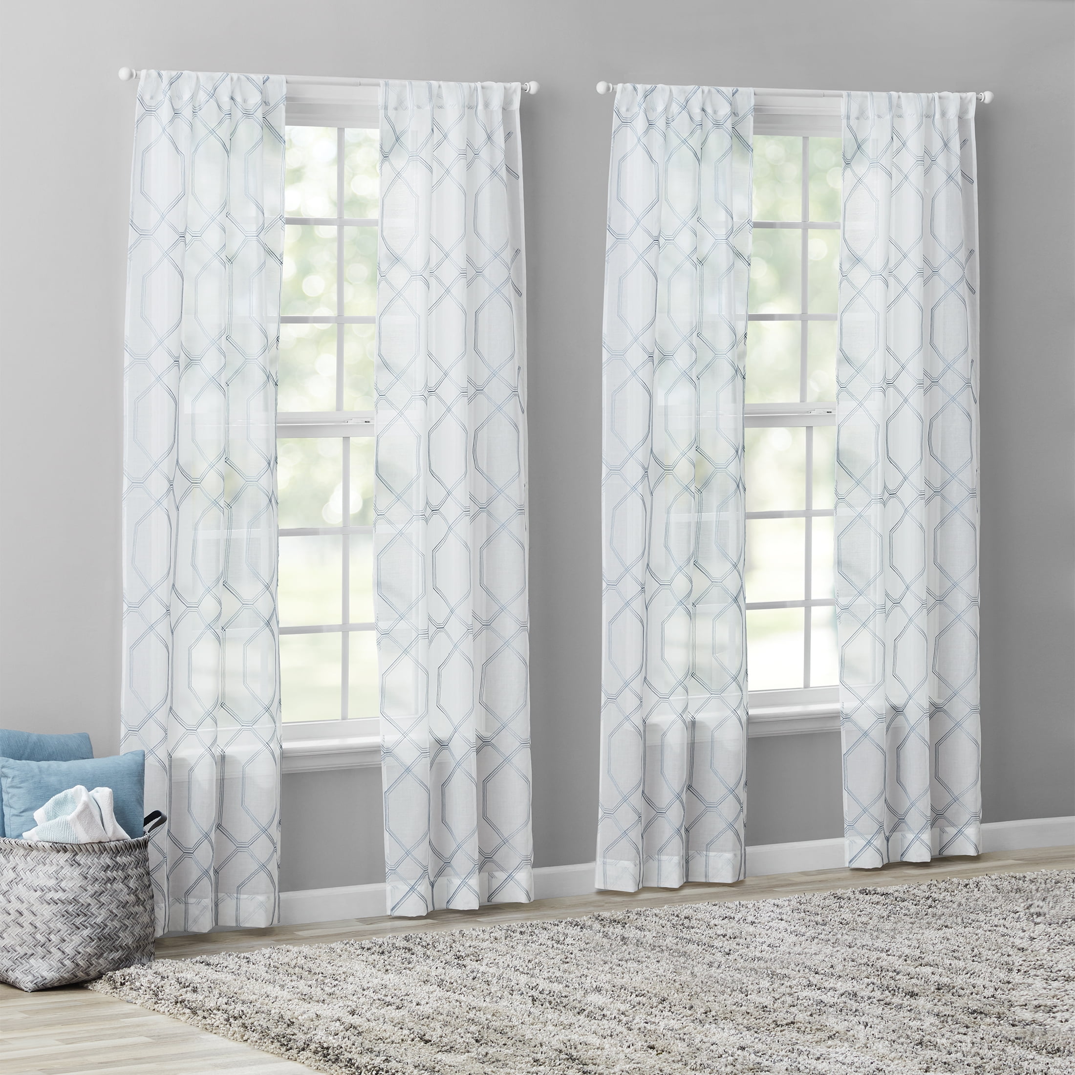Mainstays Geo Embroidered Rod Pocket Sheer Curtain Panel Set, Geometric Trellis, Set of 4, Blue, 28 in x 95 in