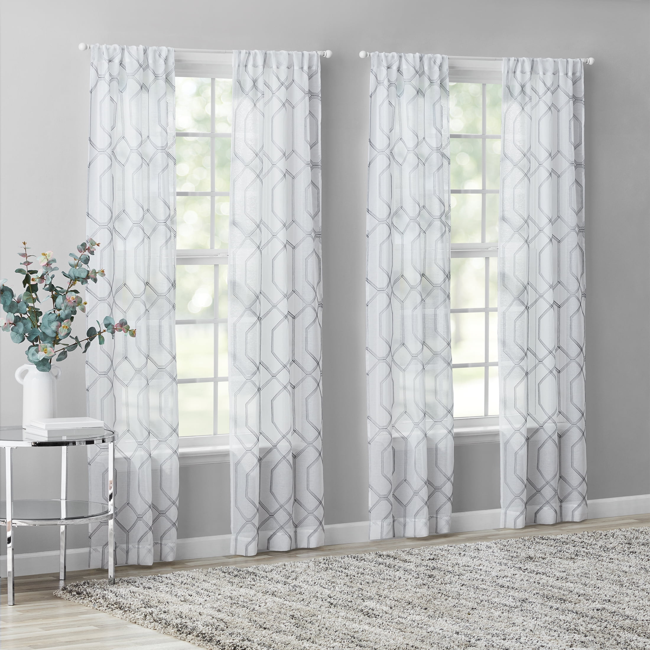 Mainstays Modern Geometric Embroidered Rod Pocket Sheer Curtains, Set of 4, Gray, 28" W x 84" L