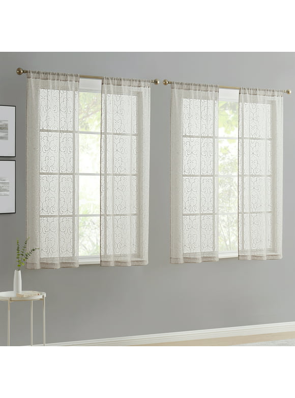 Mainstays Modern Scroll Beige Rod Pocket Sheer Curtain Set, 28" x 63" (4 Panels)