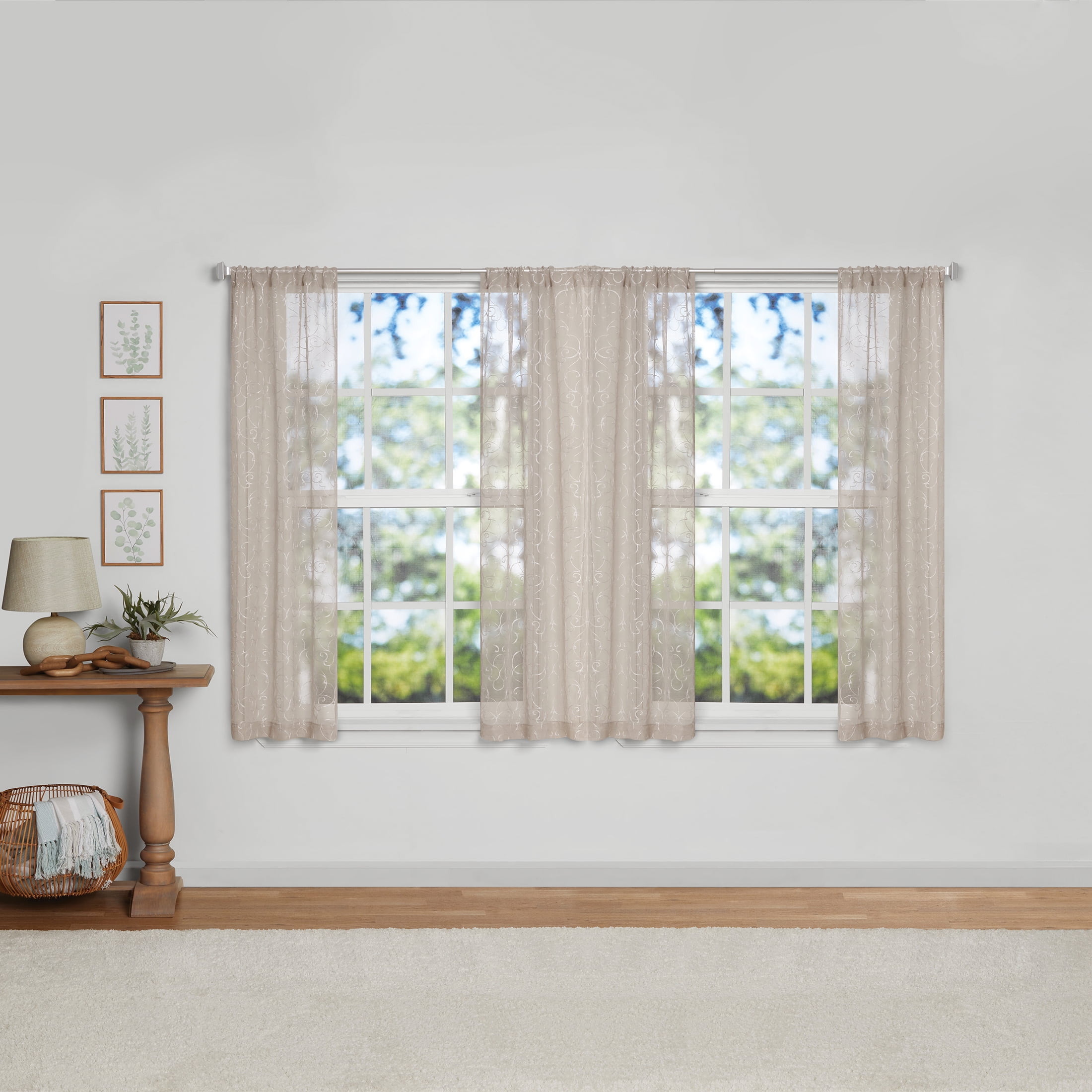 Mainstays Modern Scroll Rod Pocket Sheer Curtains, Set of 4, Beige, 28" W x 63" L