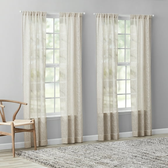 Mainstays Modern Scroll Rod Pocket Sheer Curtains, Set of 4, Beige, 28" W x 84" L