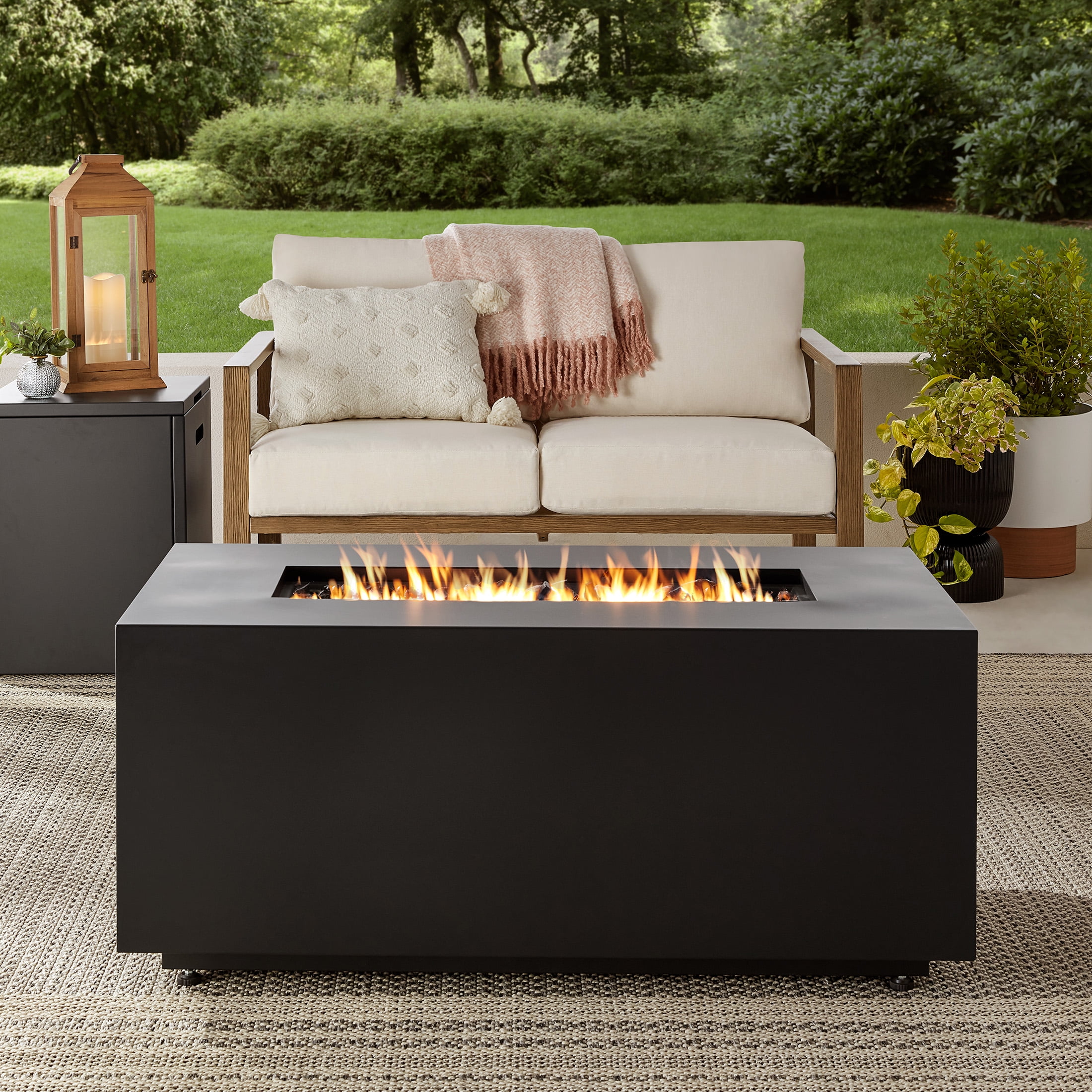 Mainstays 42" Rectangle Black Finish Modern Steel Fire Pit: 42" x 20" 50000 BTU Propane Fire Pit Table with Lid, Tank Hideaway and Cover