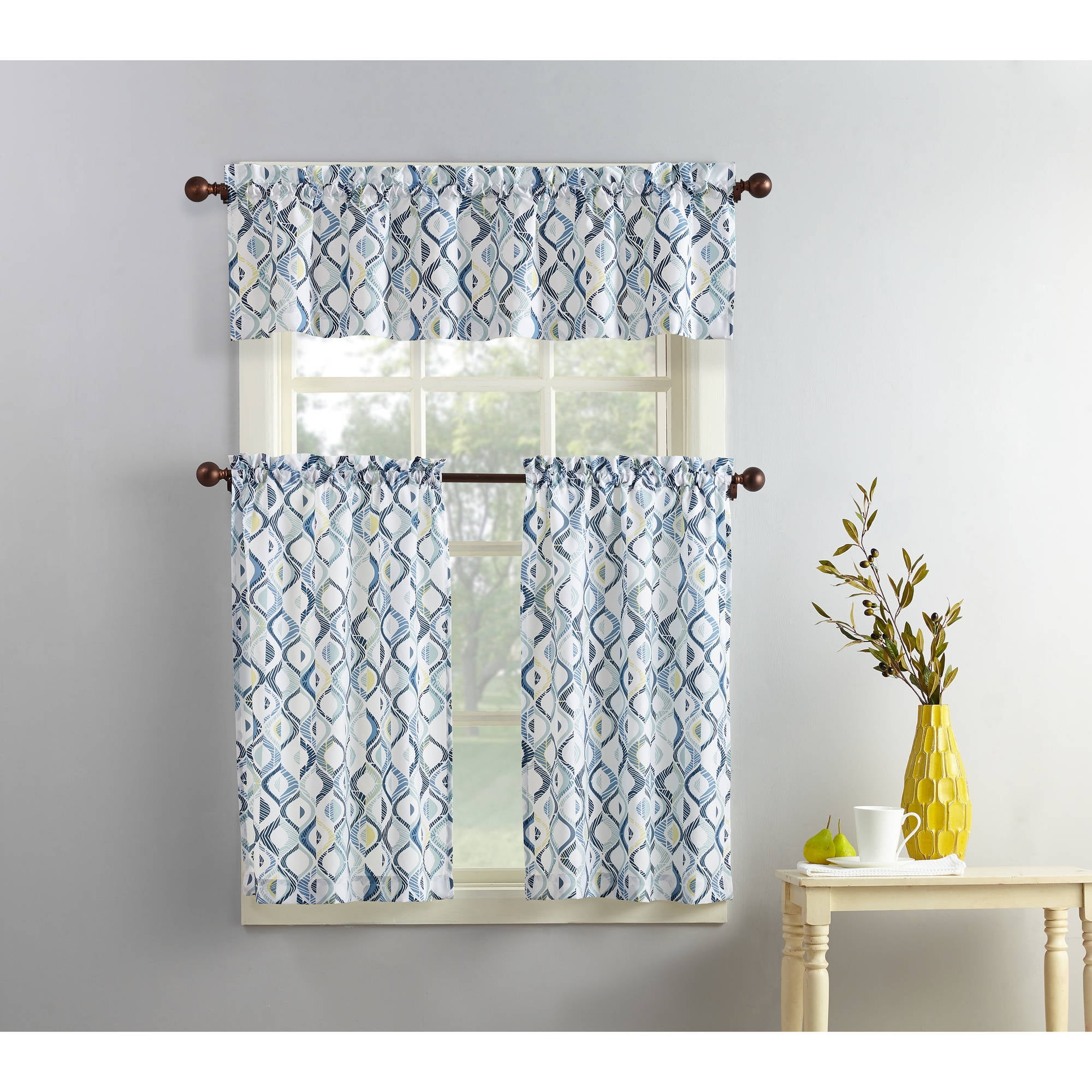 Mainstays Modern Trellis 3 Pieces Kitchen Curtain Set Walmart