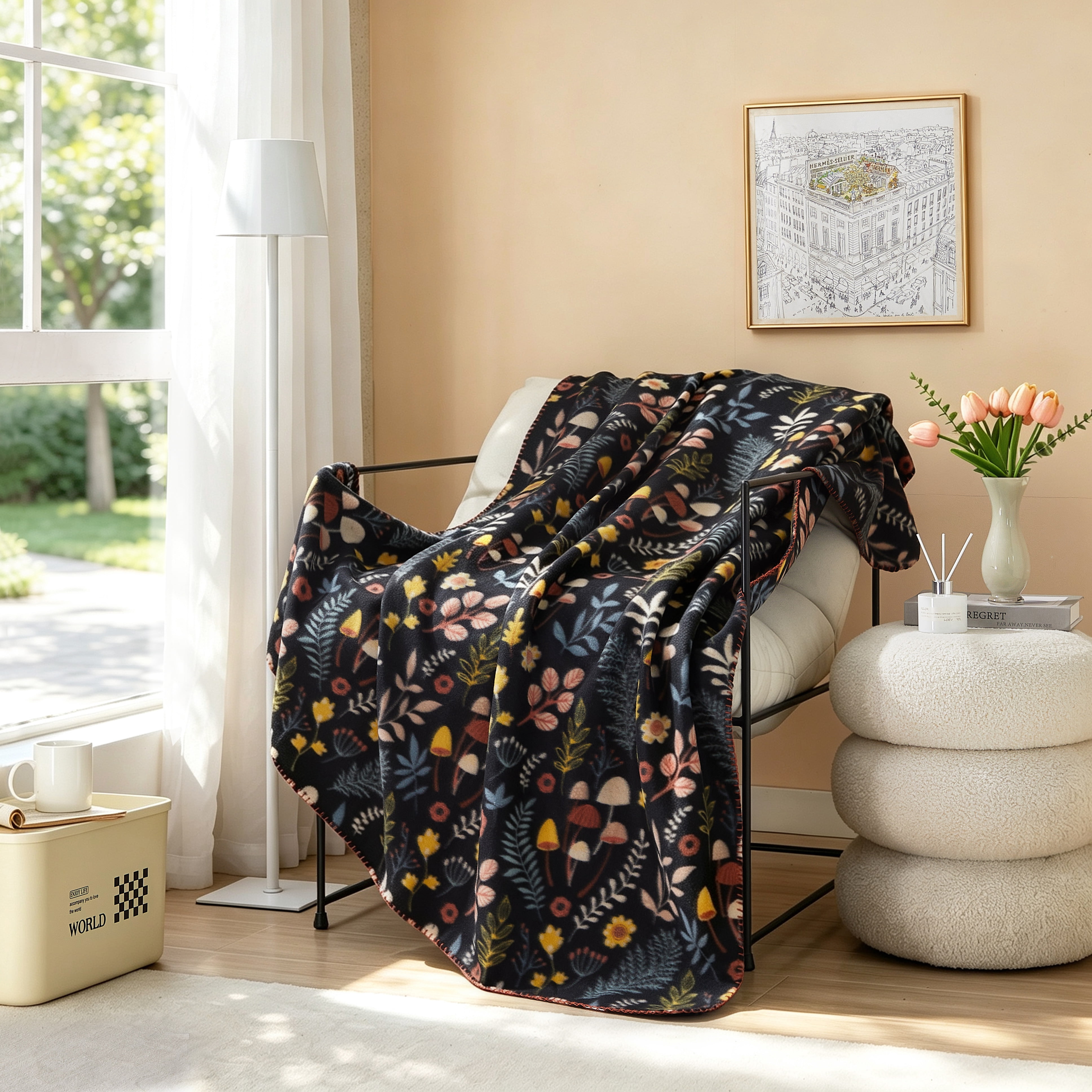 Mainstays Cozy Fleece Throw Blanket, Floral Mushroom, 50 in x 60 in