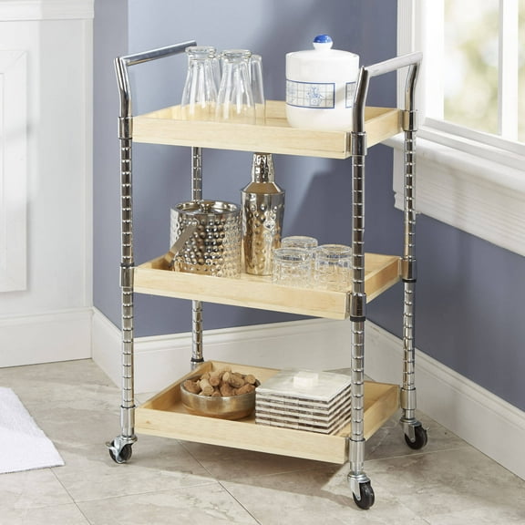 Mainstays Multi-Purpose Wood Cart, Natural Finish with Chrome Handles