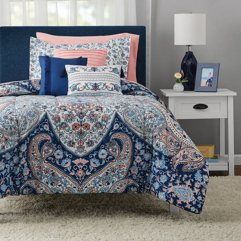 Mainstays Teal Paisley 8 Piece Bed in a Bag Comforter Set With Sheets, Queen  - Walmart.com