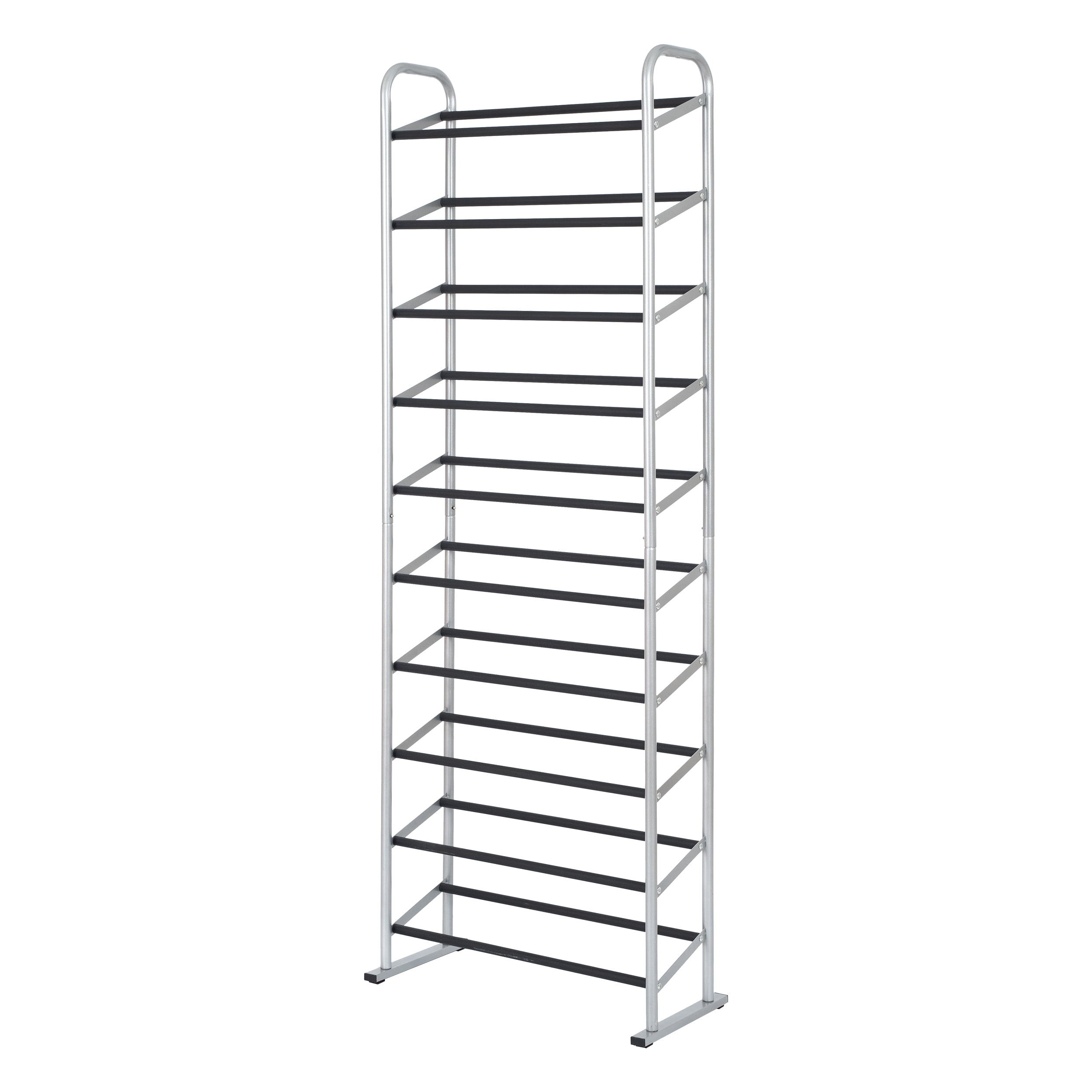 Mainstays Narrow 10-Tier Shoe Rack, Silver and Black, Holds up to 30 Pairs of Shoes