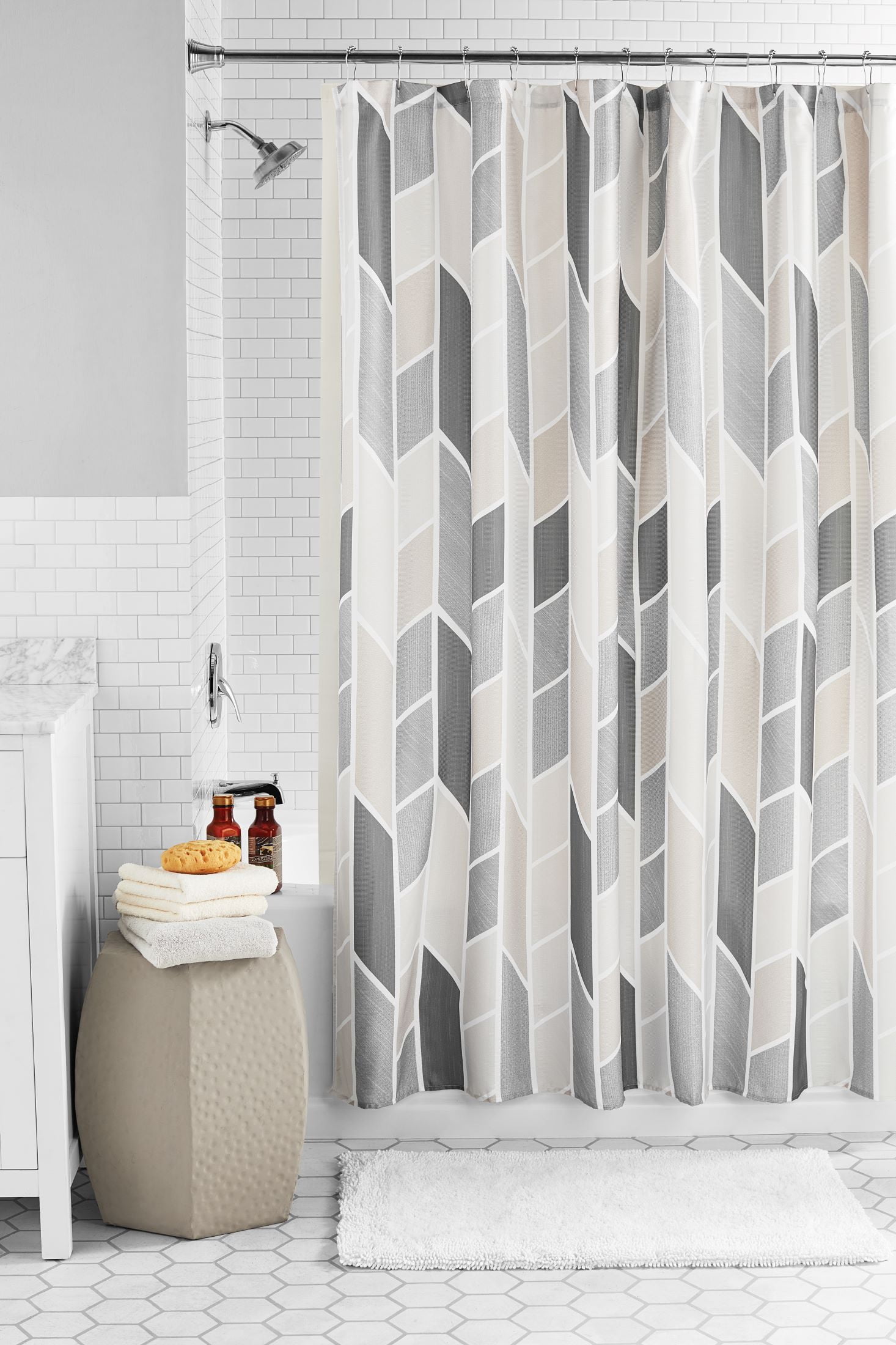 Mainstays Natural Geometric 14 Piece Fabric Shower Curtain, PEVA Liner