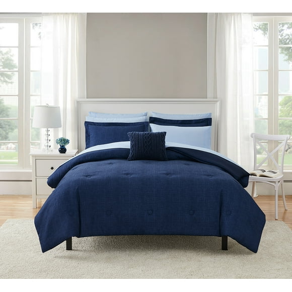 Mainstays 10 Piece Navy Bed in a Bag Comforter Set with Sheets, Full
