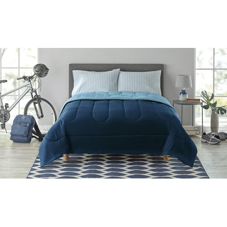 Mainstays Navy 4 Piece Bed in a Bag Comforter Set with Sheets, Queen