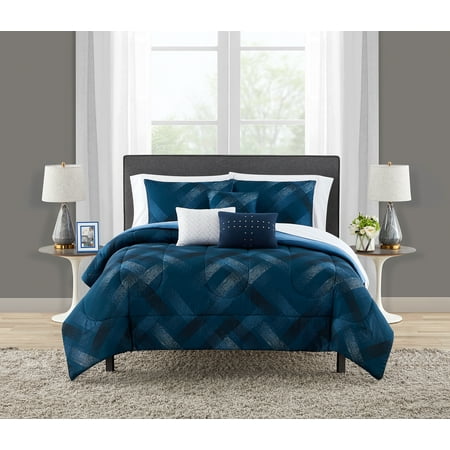 Mainstays Navy Plaid 10-Piece Bed-in-a-Bag Comforter Set with Sheets, Queen