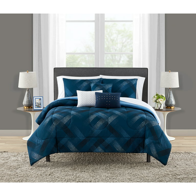 Mainstays Navy Plaid 10 Piece Bed in a Bag with 3 Dec Pillows, King