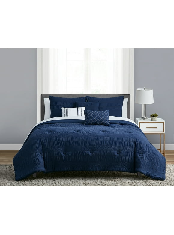 Mainstays Navy Seersucker 10 Piece Bed in a Bag with Sheets and 3 DecPillows, Queen