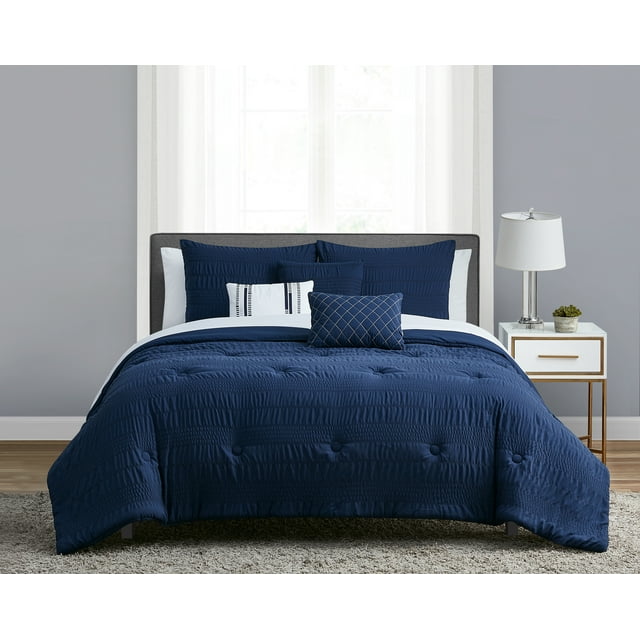 Mainstays Navy Seersucker 10 Piece Bed in a Bags with Sheets and 3