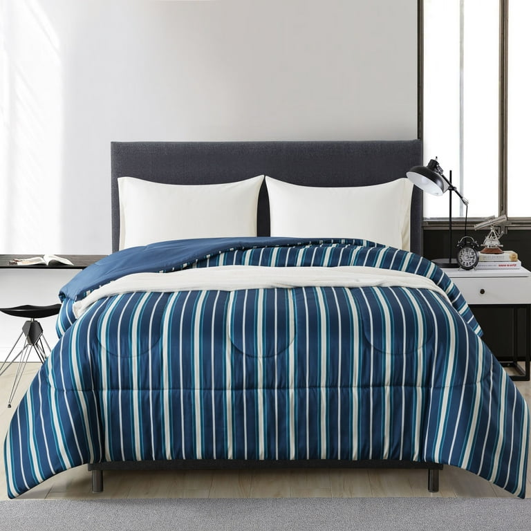 Mainstays Navy Stripe Piece Reversible Comforter Set with Sheets