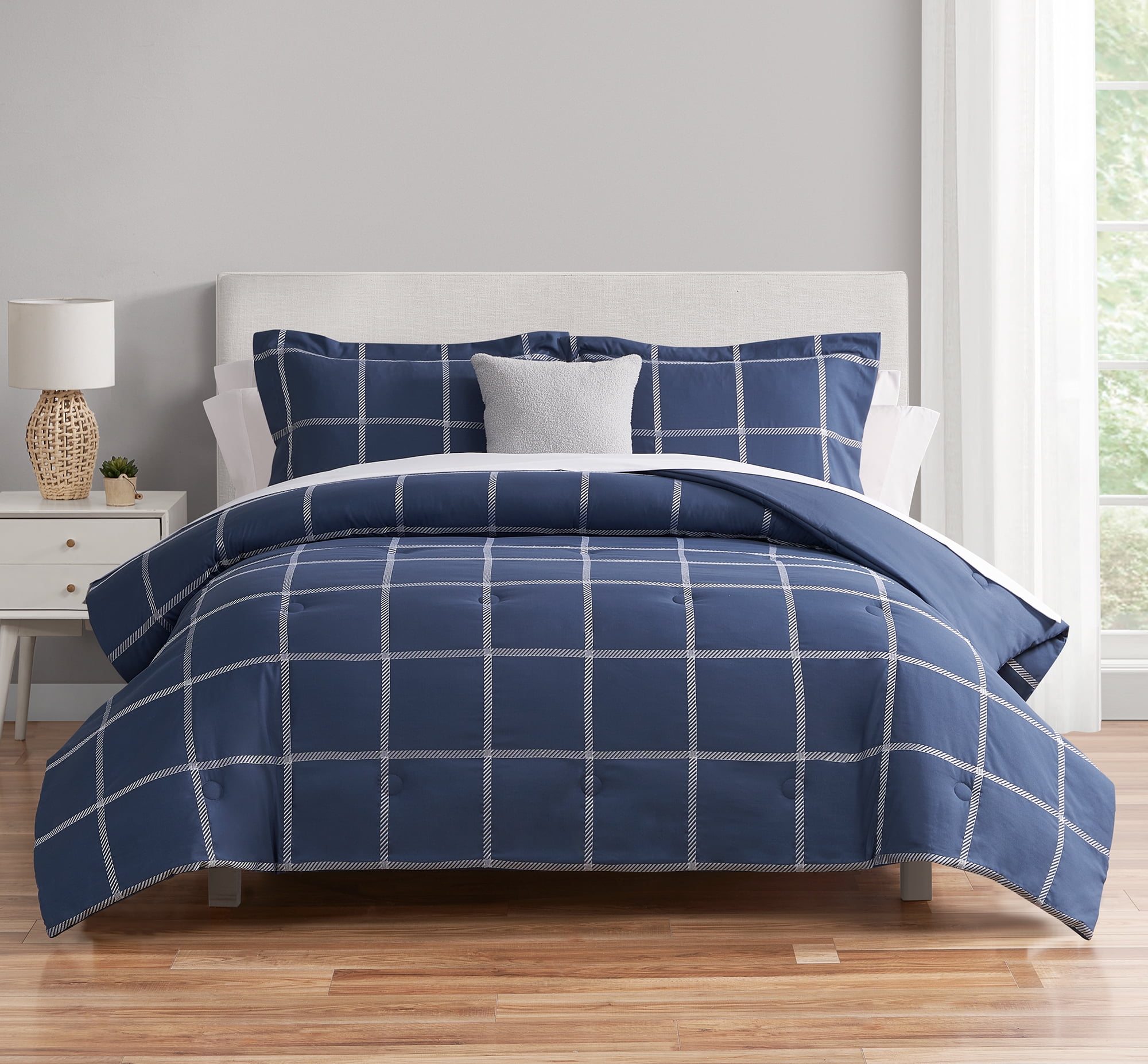 Mainstays Navy Windowpane 10 Piece Bed in a Bag Comforter Set with Sheets, Full