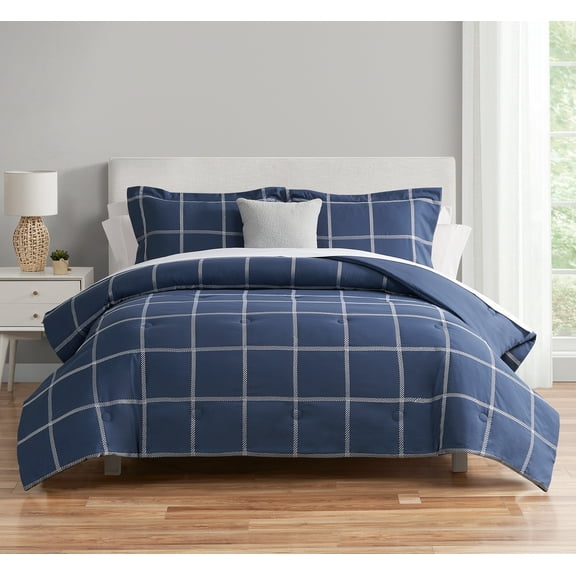 Mainstays Navy Windowpane 10 Piece Bed in a Bag Comforter Set with Sheets, Full