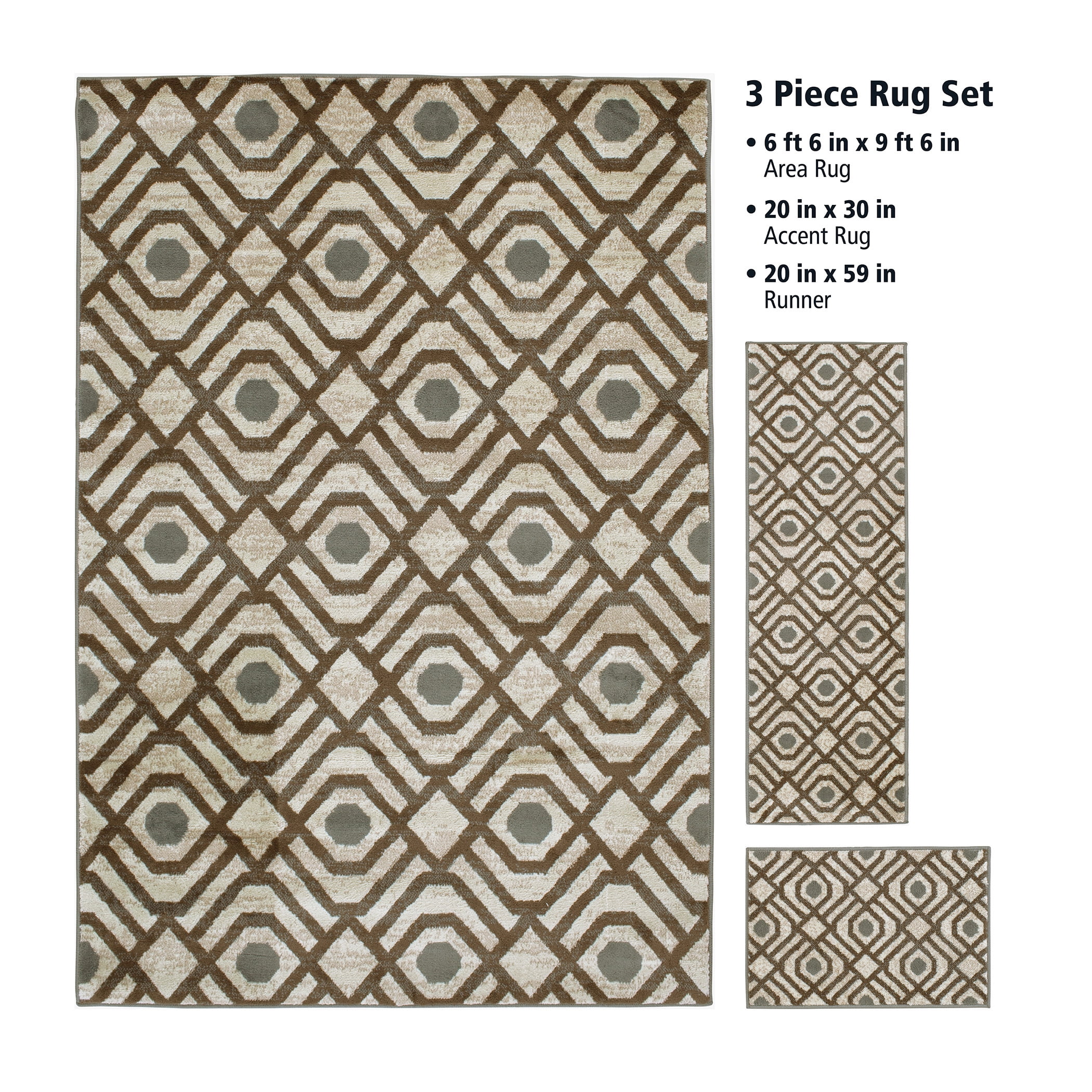 Mainstays Neutral Geometric Beige 3 Piece Area Rug Set