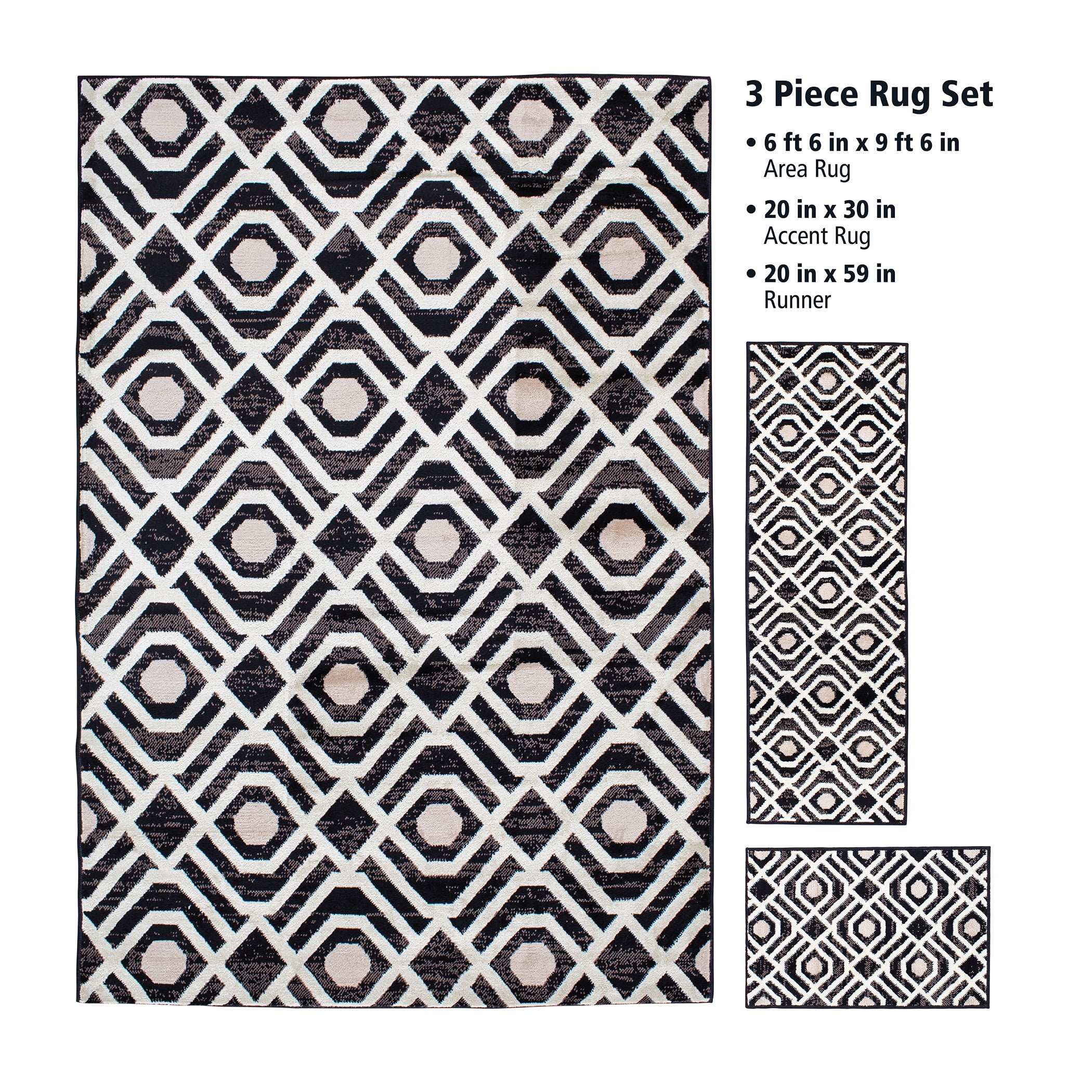 Mainstays Neutral Geometric Black 3 Piece Area Rug Set