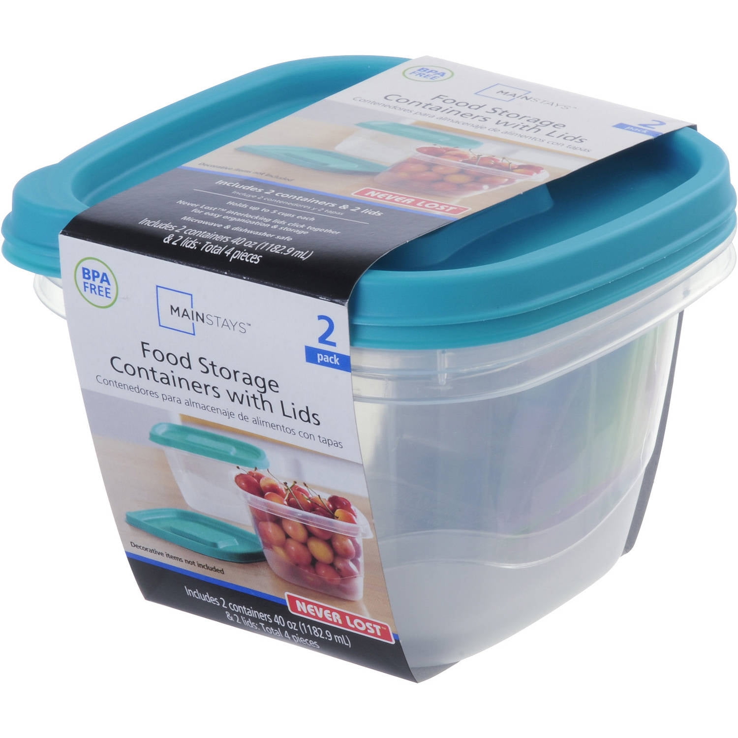Mainstays Never Lost 40 Oz Food Storage Containers with Lids, 2 count 