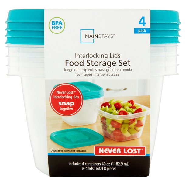 Mainstays Never Lost Square Food Storage Containers, 5 cup, 4 count