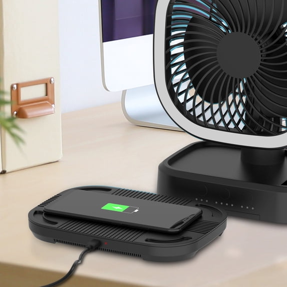 Mainstays New Rechargeable Personal USB Fan with Wireless Charging Pad and Led Lighting Black
