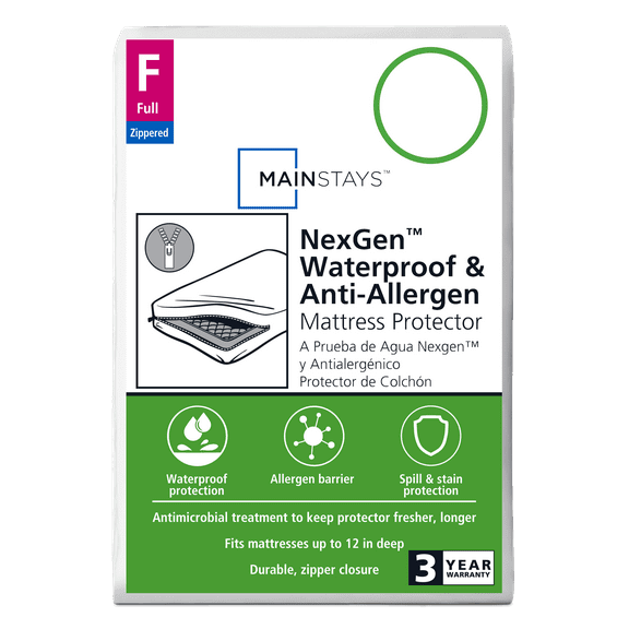 Mainstays Full Size NexGen Waterproof Anti Allergen Zippered Mattress Protector