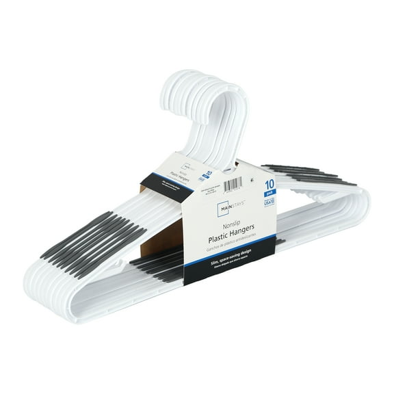 Mainstays Non-Slip Clothes Hangers, 10 Pack, White, Durable Plastic, TPE Strips