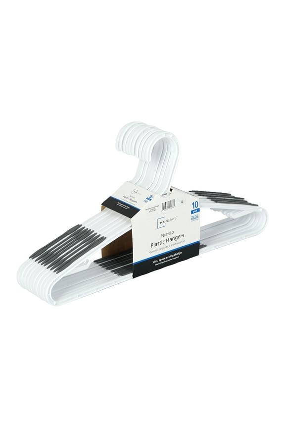 Non-Slip Clothes Hangers, 10 Pack, White, Durable Plastic, TPE Strips