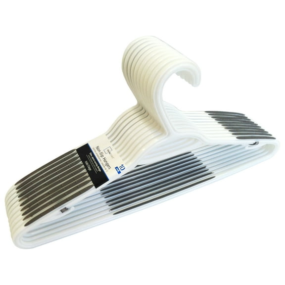 Mainstays Non-Slip Clothing Hangers, 10 Pack, White, Durable Plastic, Rubber Strips