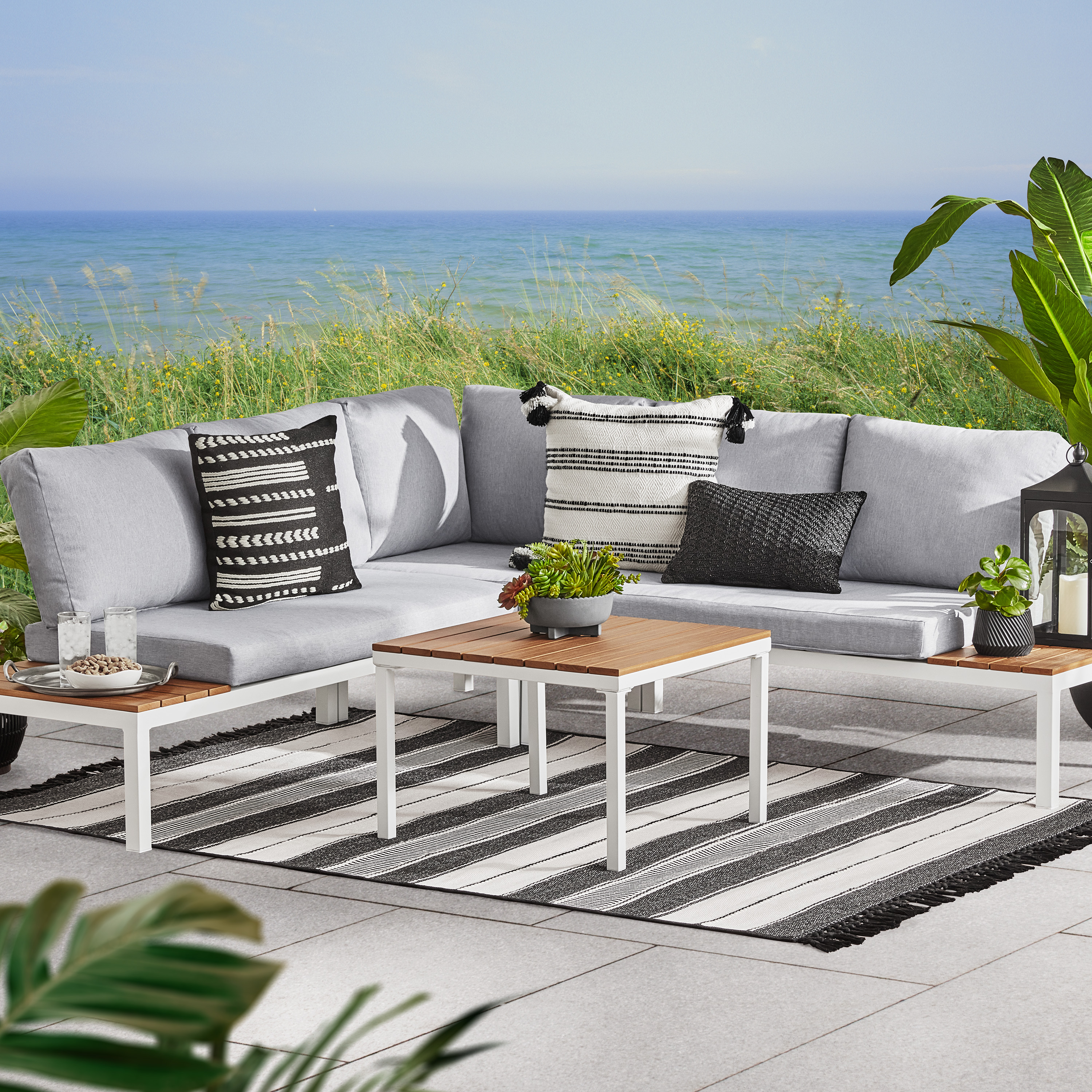 Mainstays Oakleigh 4-Piece Outdoor Chaise Sectional Set with Table, Seats 5, White - image 1 of 10