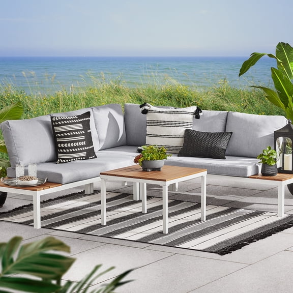 Open Box Mainstays Oakleigh Chaise Sectional Set with Table, 4-Piece, Seats 5, Outdoor, White