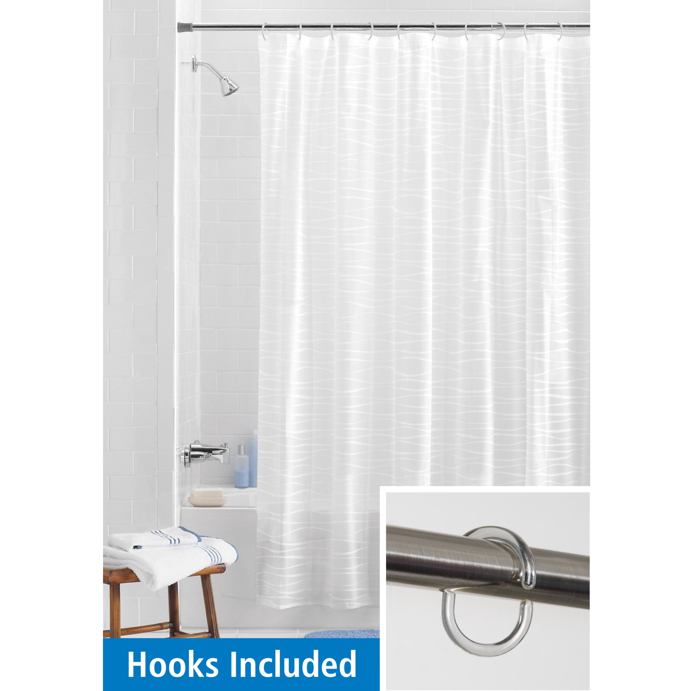 Mainstays Oasis Waterproof PEVA Shower Curtain and Hooks Set, 13-Piece, Frosted