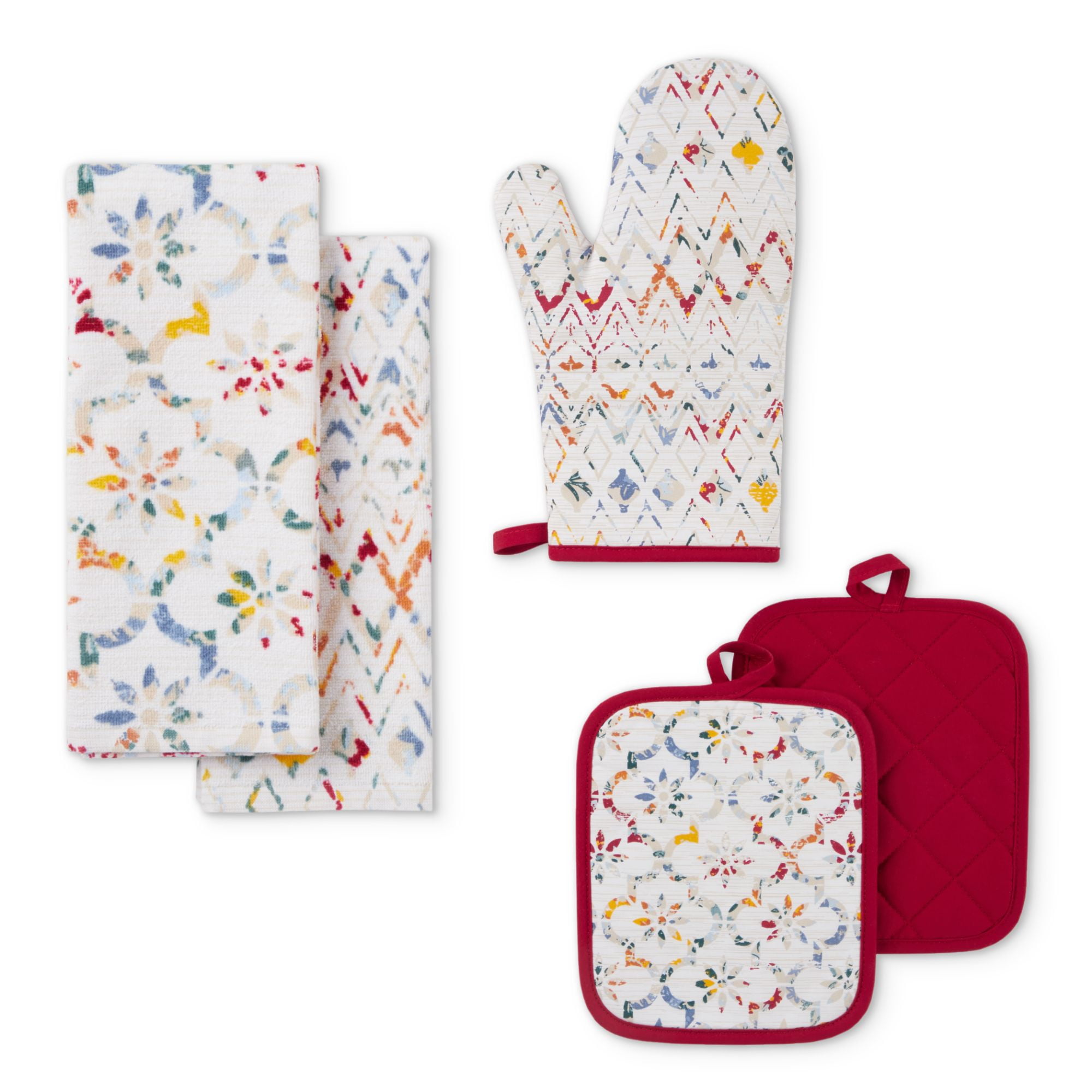 Mainstays Kitchen Towel, Oven Mitt & Pot Holder Kitchen Set, 5 Piece, Red 