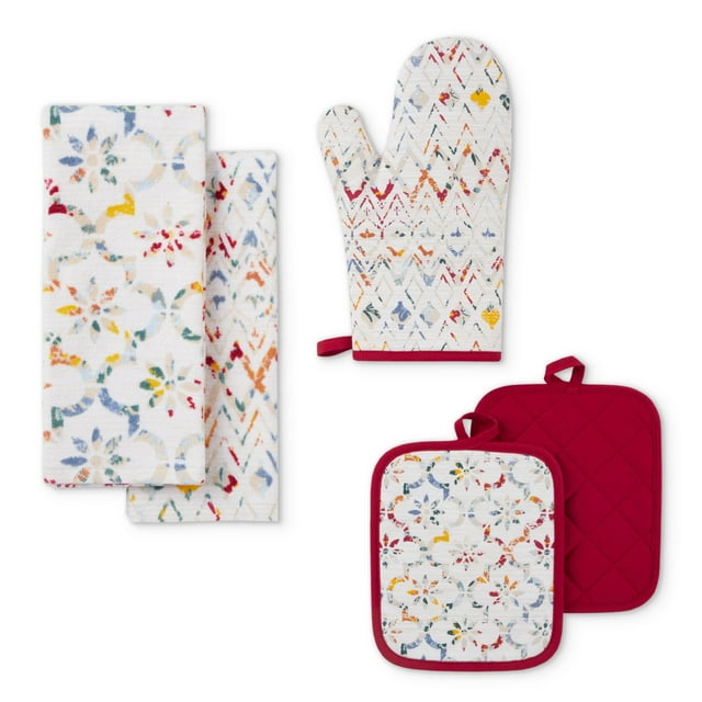 Mainstays Ogee Tile Kitchen Towel, Pot Holder, and Oven Mitt Set