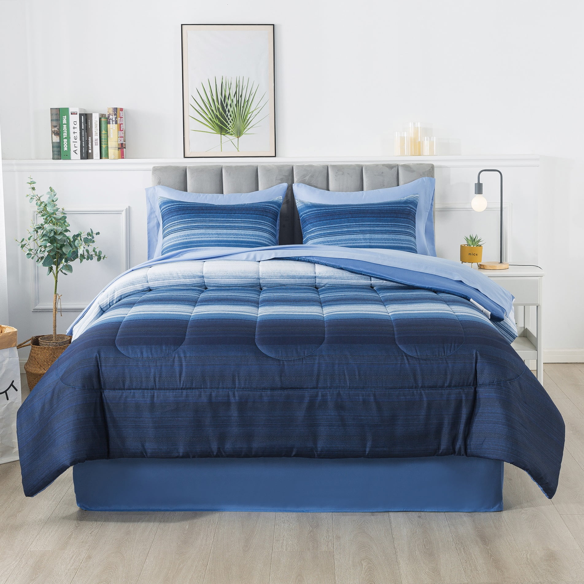 Mainstays Blue Stripe 8 Piece Bed in a Bag Comforter Set with Sheets, Queen