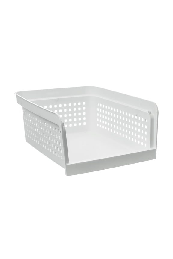 Open-Front Stackable Closet Storage Organizer Bin with Breathable Holes, White Plastic