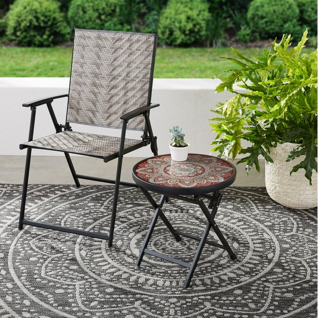 Mainstays Outdoor Patio Folding Side Table, Glass Top, Red/Black