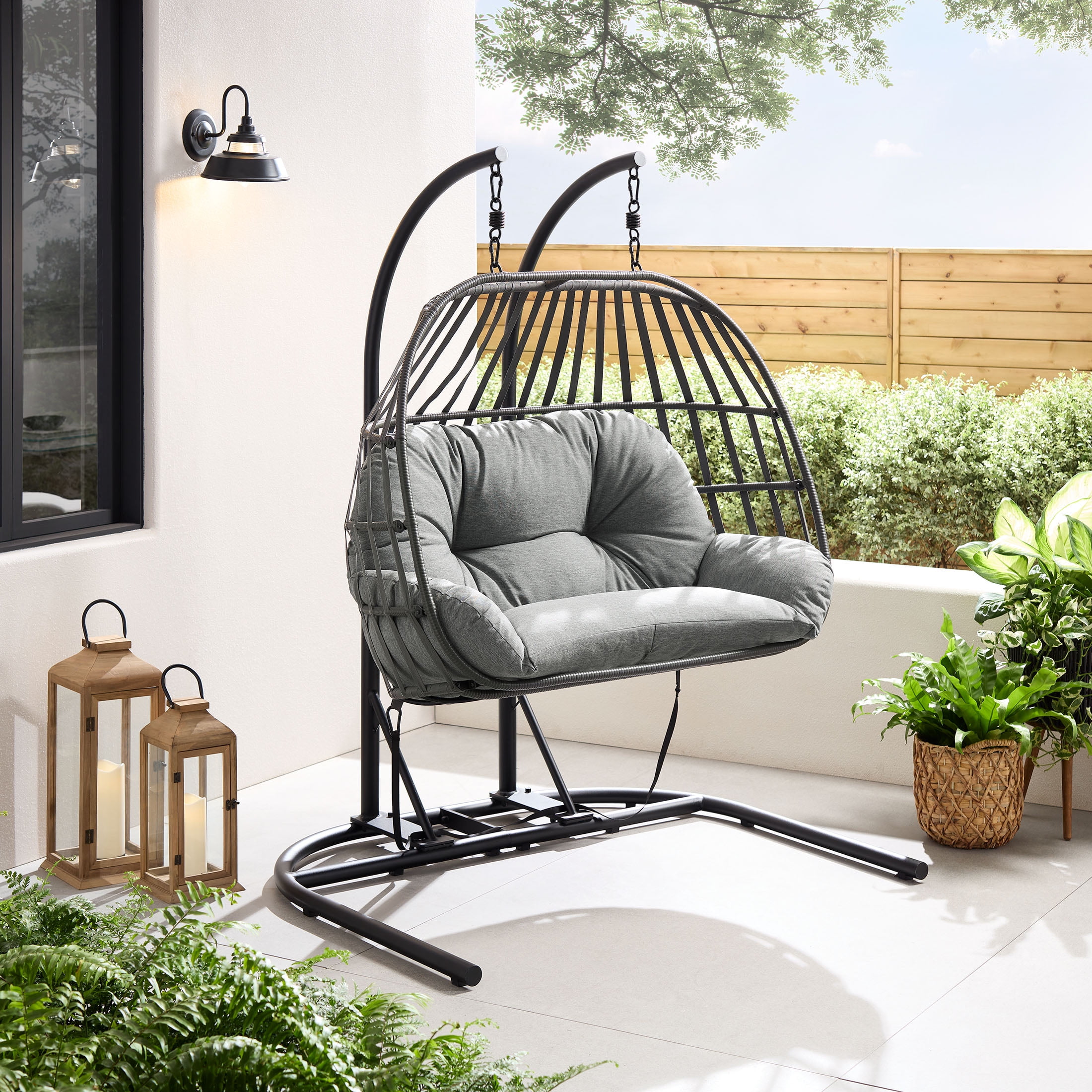 Mainstays Outdoor Wicker Patio Double Hanging Egg Chair, Gray