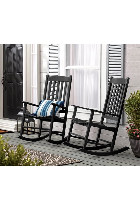 Outdoor Wood Porch Rocking Chair, Black Color, Weather Resistant Finish