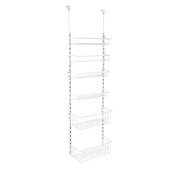 Mainstays Powder Coated Metal Over the Door Rack Organizer, 6 Tier Adjustable Shelves, White, Made for Kitchen Organization and Accessibility