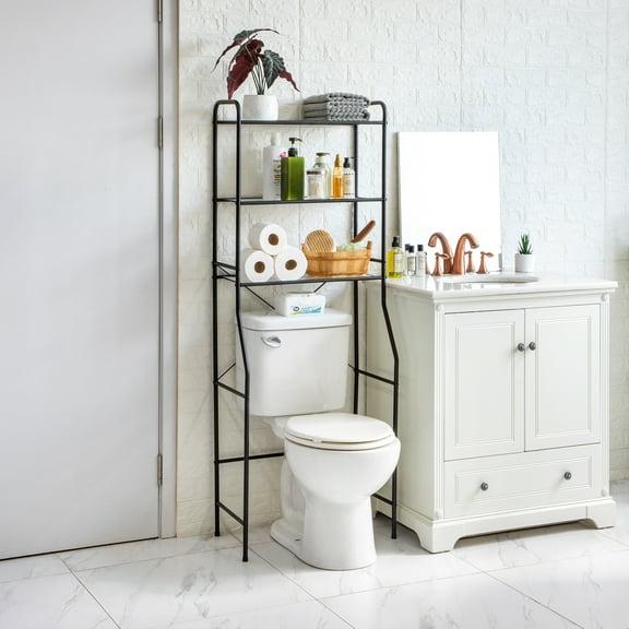 Mainstays Space Saver Over the Toilet Storage Unit, Matte Black, 3 Steel Shelves with Liners