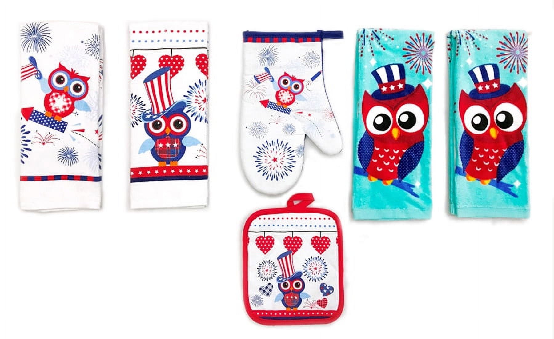 Mainstays Owl Kitchen Linen Set of 6 4 Kitchen Towels, Pot Holder