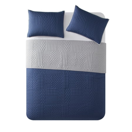 Mainstays Patchwork Navy Geometric Polyester Quilt, Full/Queen, Reversible
